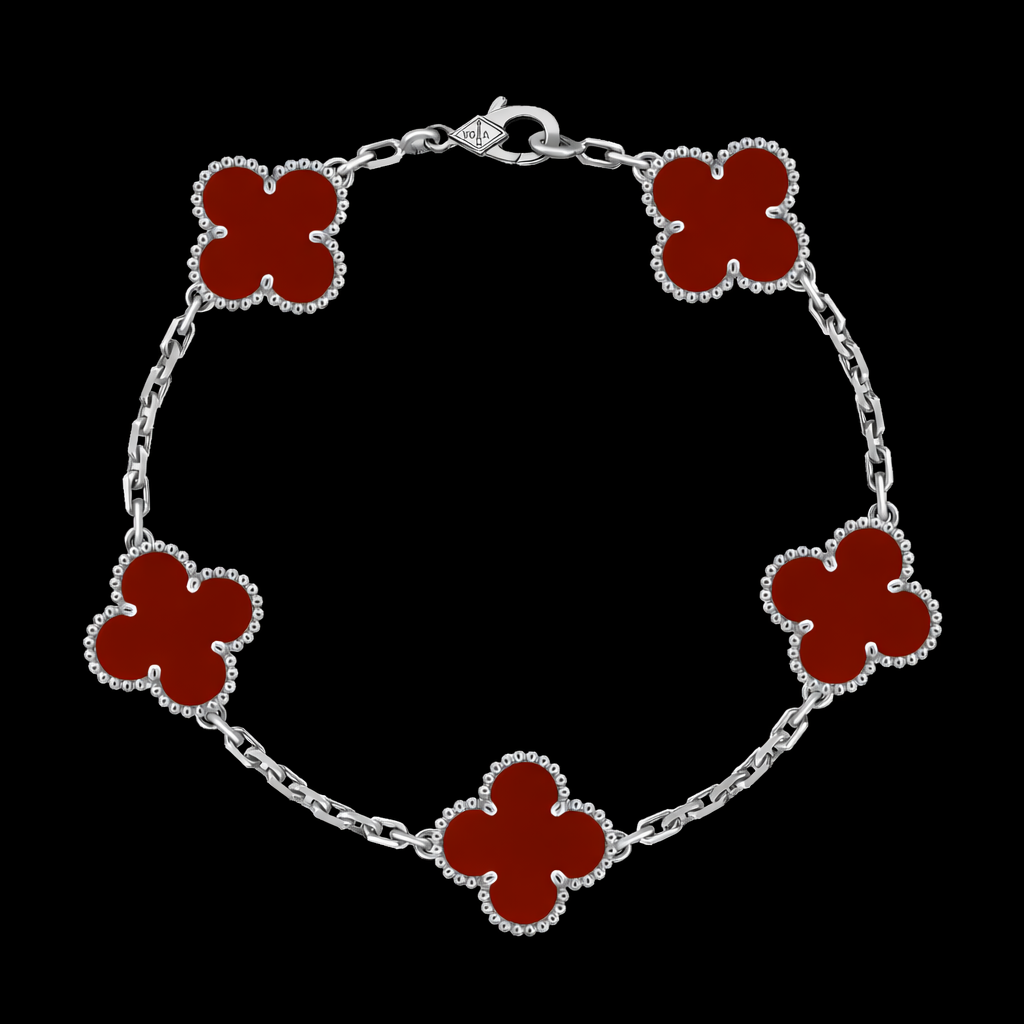 Pulsera Trébol Piedra Roja Plateado