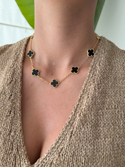 Collar Trébol Piedra Negra Obsidiana en Plata 925 enchape Oro amarillo 18k