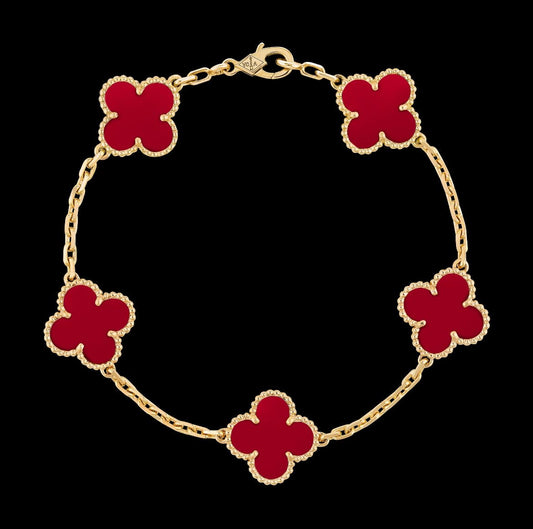 Pulsera Trébol Piedra Roja Turmalina en Plata 925 enchape Oro amarillo 18k