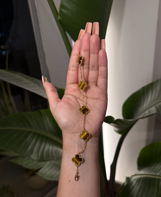 Pulsera Trébol Piedra Ojo de Tigre en Plata 925 enchape Oro amarillo 18k