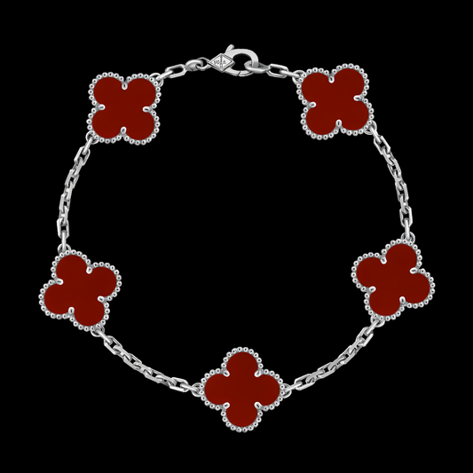 Pulsera Trébol Piedra Roja Plateado