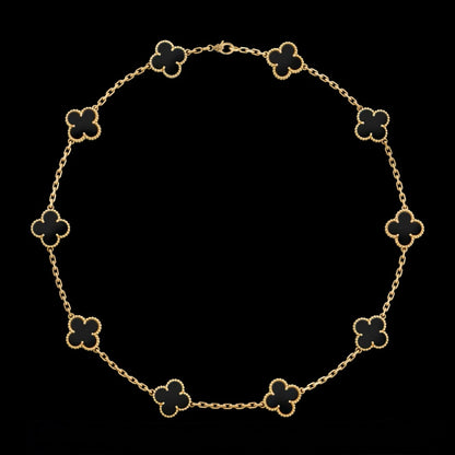 Collar Trébol Piedra Negra Obsidiana en Plata 925 enchape Oro amarillo 18k