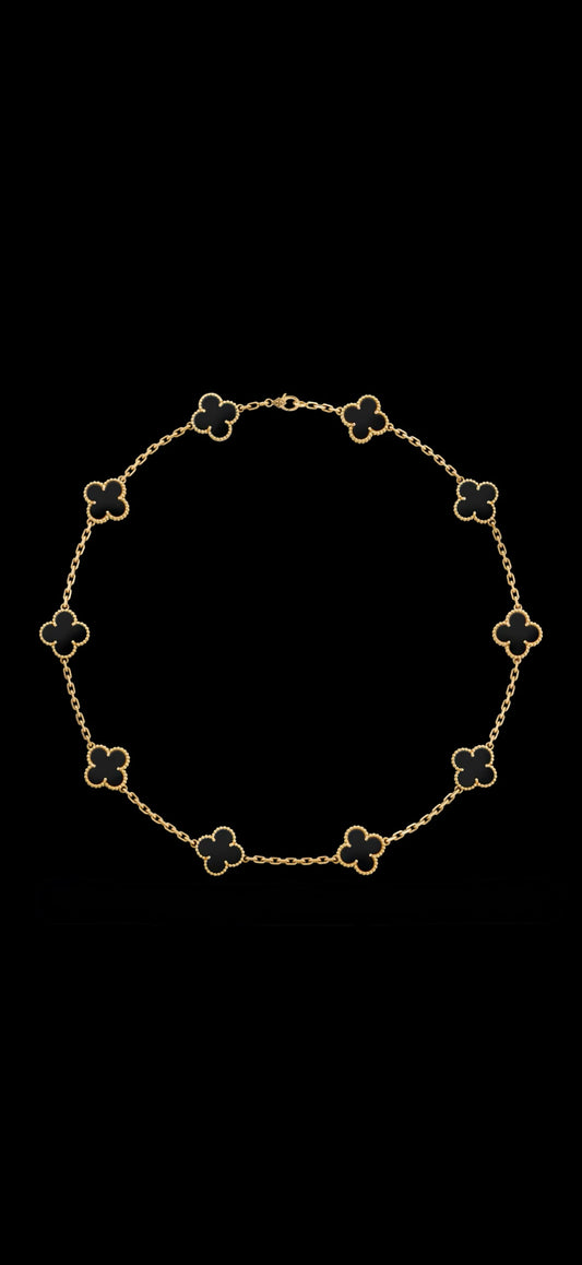 Collar Trébol Piedra Negra Obsidiana en Plata 925 enchape Oro amarillo 18k